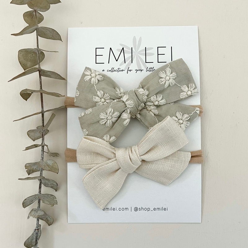 Bow Headbands & Clips|Embroidered Floral & Ivory Linen|Nylon Headband|Alligator Clip