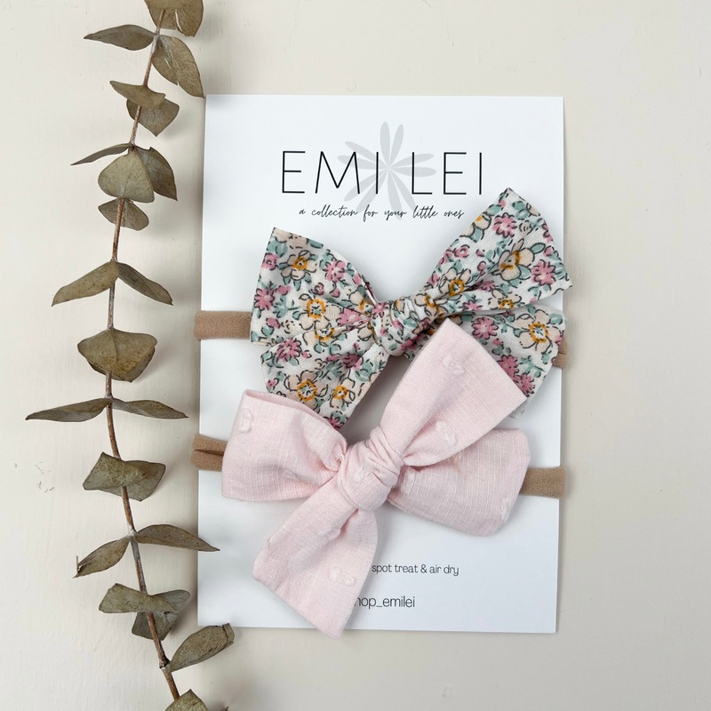 Bow Headbands & Clips|Pastel Floral & Soft Pink|Nylon Headband|Alligator Clip