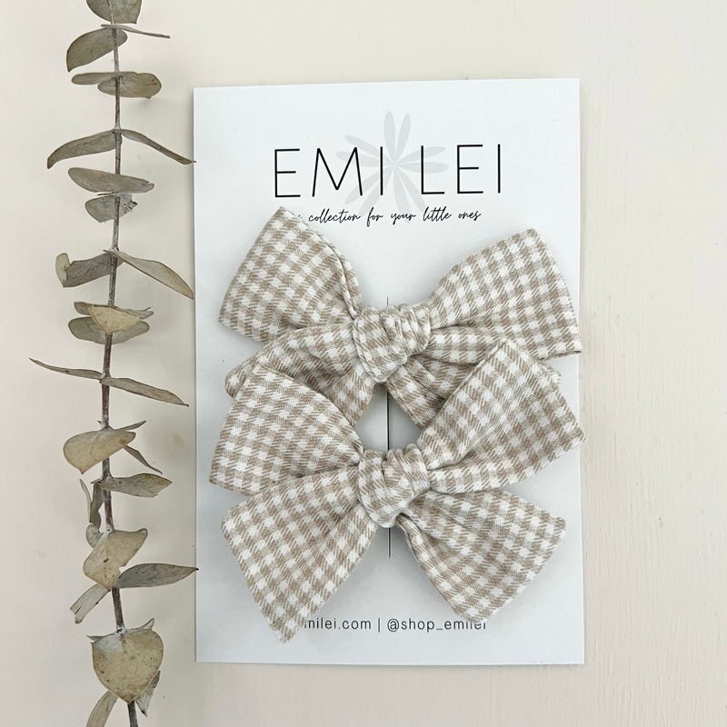 Pigtail Bow Clips|Taupe Mini Check