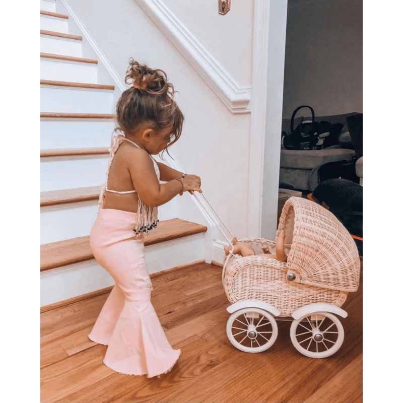 Barbie Pleated Denim Bell Bottoms – PowerPuff Distressed Pink