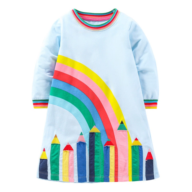 Girls Colorful Pencils And Rainbow Long Sleeves Dress