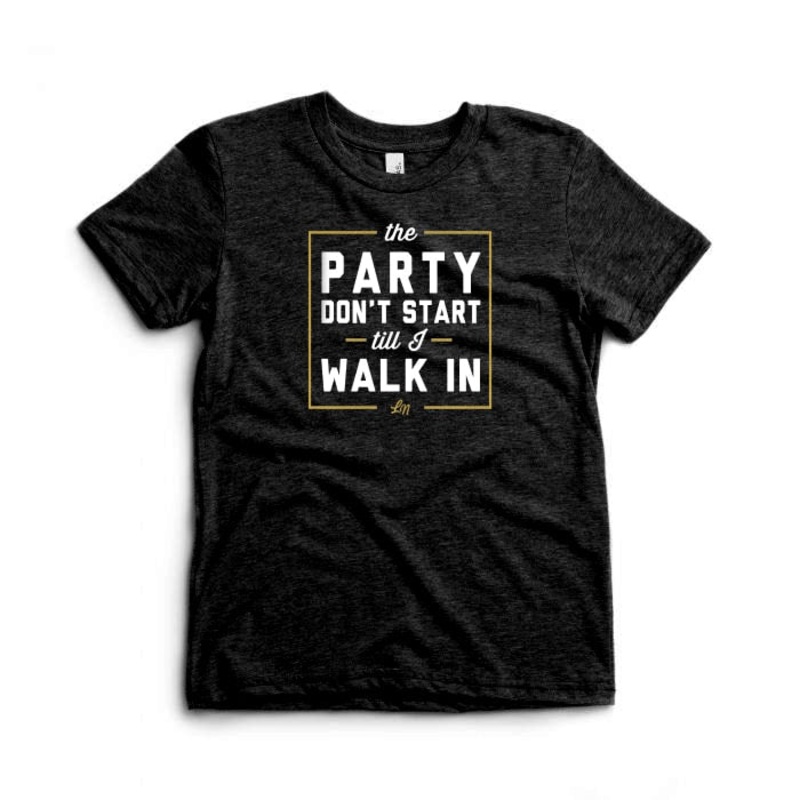 The Party Don’t Start Tee|3-6 Months|6-12 Months|12-18 Months|18-24 Months|2T|3T|4T|5T|Charcoal Black Triblend with Gold Glitter|Charcoal Black Triblend with Yellow|Charcoal Black Triblend with Blue