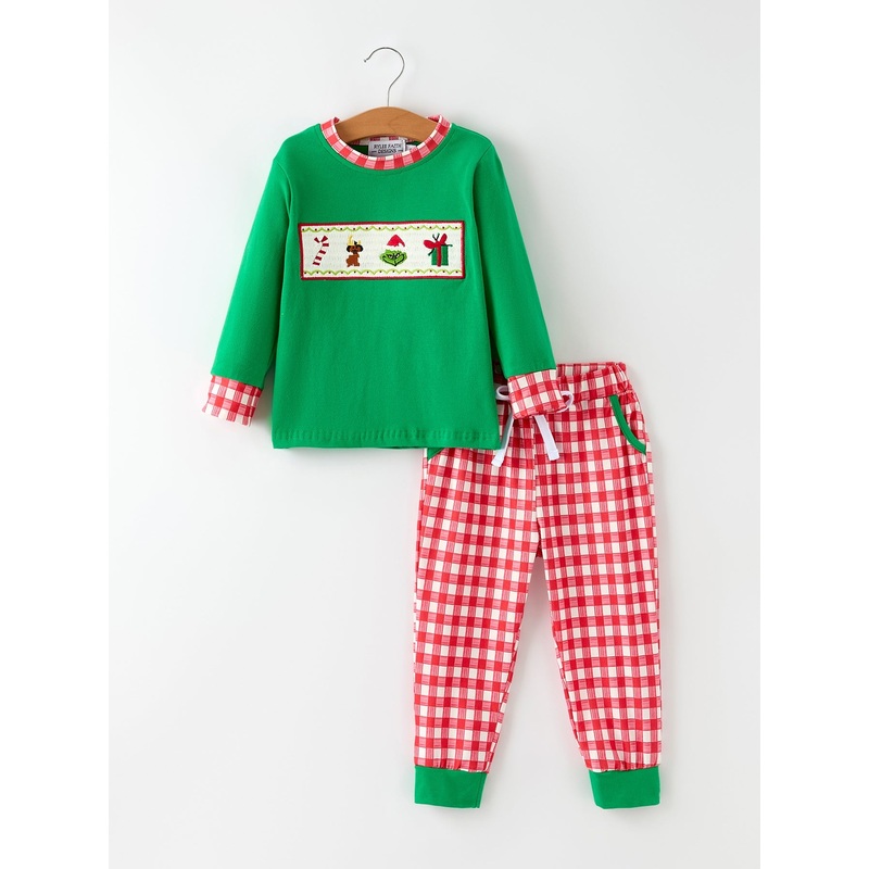 Christmas Character Candy Embroidery Green Boys Set