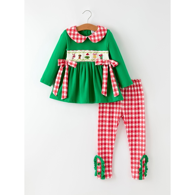 Christmas Character Candy Embroidery Green Girls Set