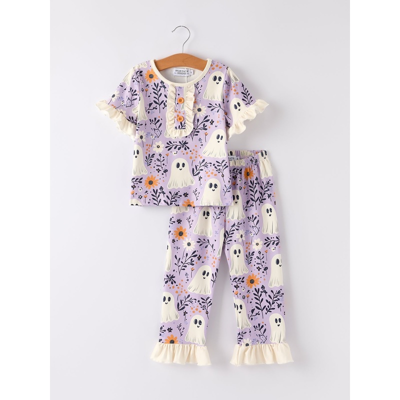 Halloween Ghost Floral Print Purple Ruffled Girls Pajamas