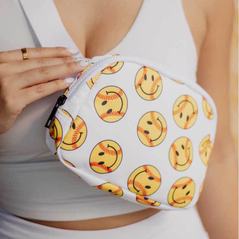 Softball Happy Face Belt Bag|White