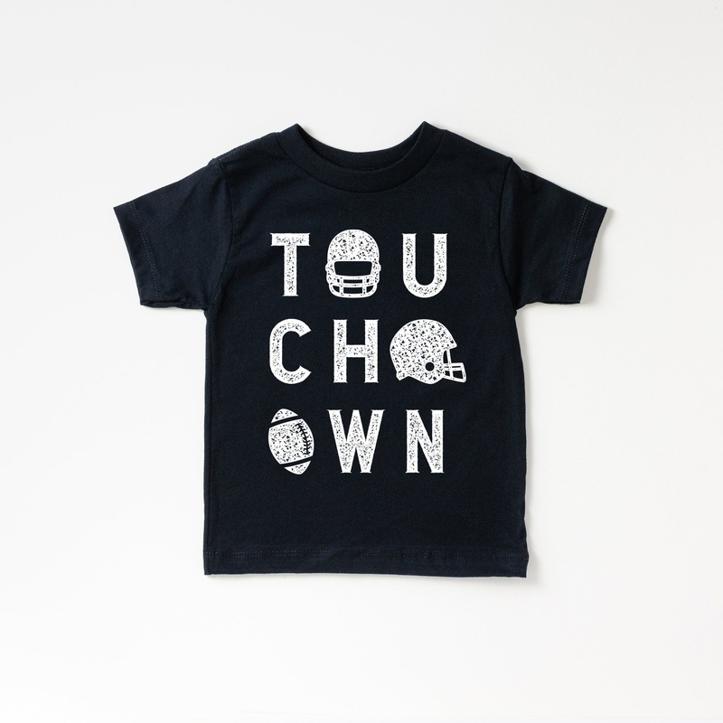 Touch Down Football Tee|2T|3T|4T|5T|Youth Small|Youth Med|Youth Large|Peach|Maroon|Pink|White|Black|Grey|Dark Heather Grey|Natural|Heather Orange|Heather Blue|Red|Navy