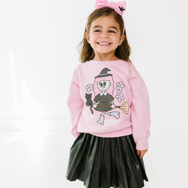 Whimsical Witch Sweatshirt|2T|3T|4T|5T|7|Youth SM|Youth Med|Youth Lg|Pink|Light Grey