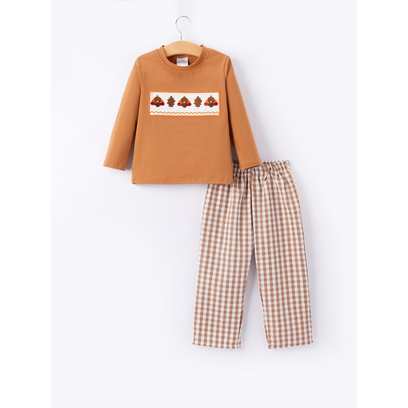 Fall Boys Thanksgiving Smocking Embroidered Brown Plaid Outfit Set
