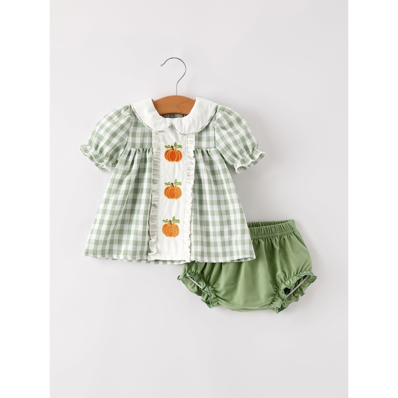 Fall Halloween & Thanksgiving Applique Plaid Girls Bloomers Romper Set