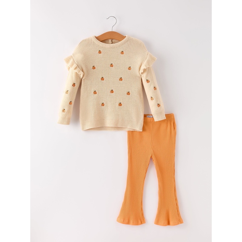 Fall Halloween & Thanksgiving Girls Pumpkin Embroidered Sweater +Bell Bottom Pants Set