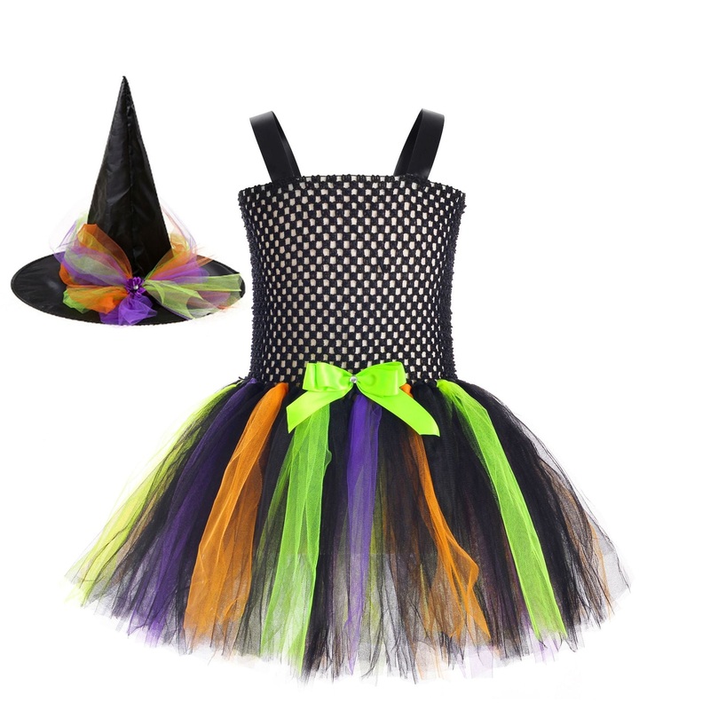 Childrens Halloween Little Witch Costume Mesh Tutu Dress & Hat