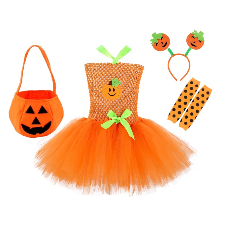 Childrens Halloween Pumpkin Tutu Dress With 3-Pieces Jewelry