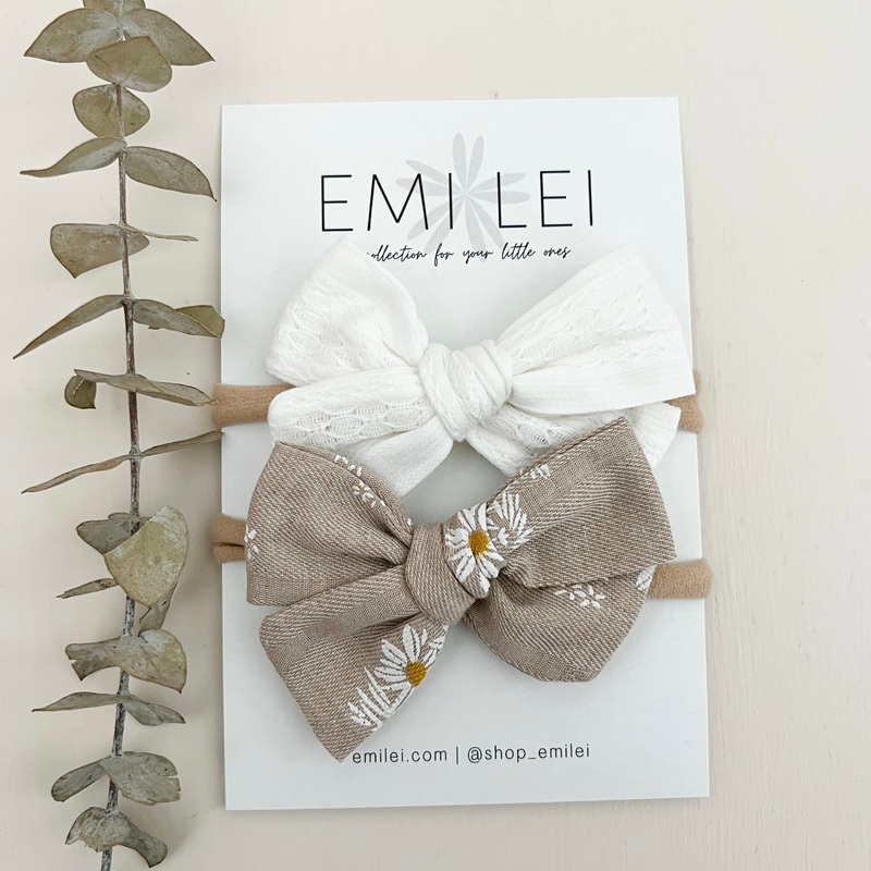 Bow Headbands & Clips|Stitched White & Neutral Daisy|Nylon Headband|Alligator Clip