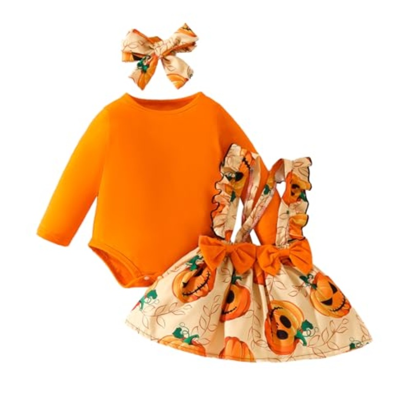 Infant Baby Girl Orange Long Sleeve Romper Pumpkin Print Overall Dress with Headband 3pcs Halloween Outfit