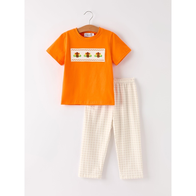 Fall Thanksgiving Apricot Plaid Turkey Embroidery Smocking Boys Set