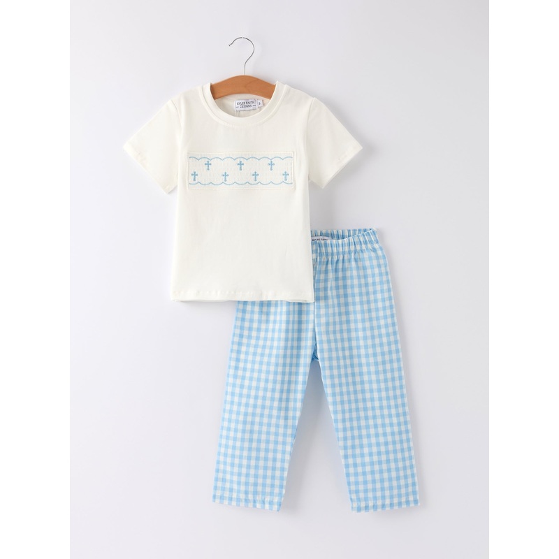 Blue Smocked Church Christening Toddler Boys’Set