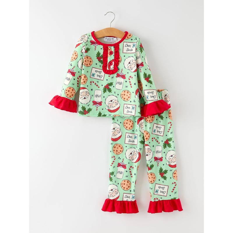 Christmas Santa and Cookie Print Girls Pajamas with Red Ruffle