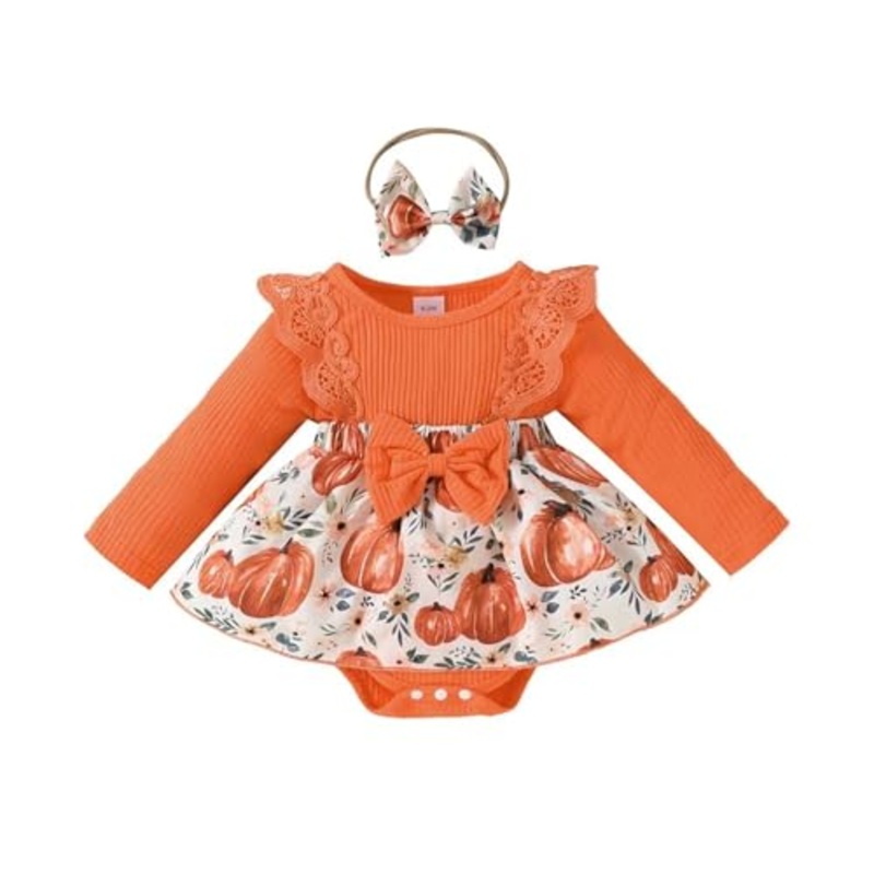 Infant Baby Girl Orange Fall Pumpkin Long Sleeve Lace Romper Dress & Bow Headband 2pcs Autumn Harvest Outfit