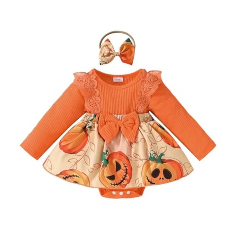 Infant Baby Girl Orange Pumpkin Long Sleeve Lace Romper Dress & Bow Headband 2pcs Halloween Clothing Set