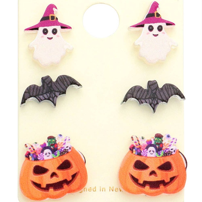 3Pairs – Resin Witch Hat Ghost Bat Pumpkin Stud Earrings