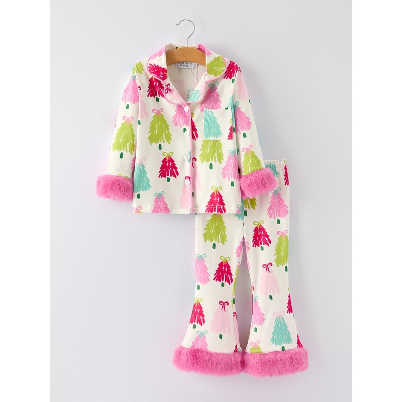 Christmas Tree Girls Pajama Set with Furry Trim: Perfect for Winter Nights
