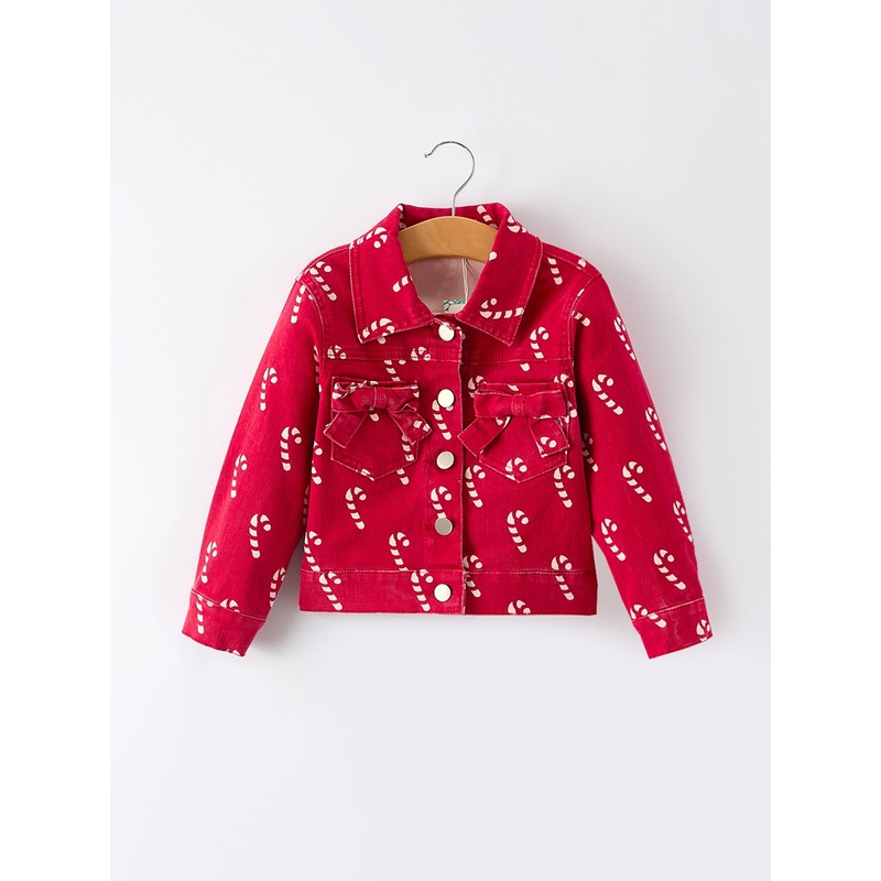 Girls Red Christmas Themed Denim Jacket