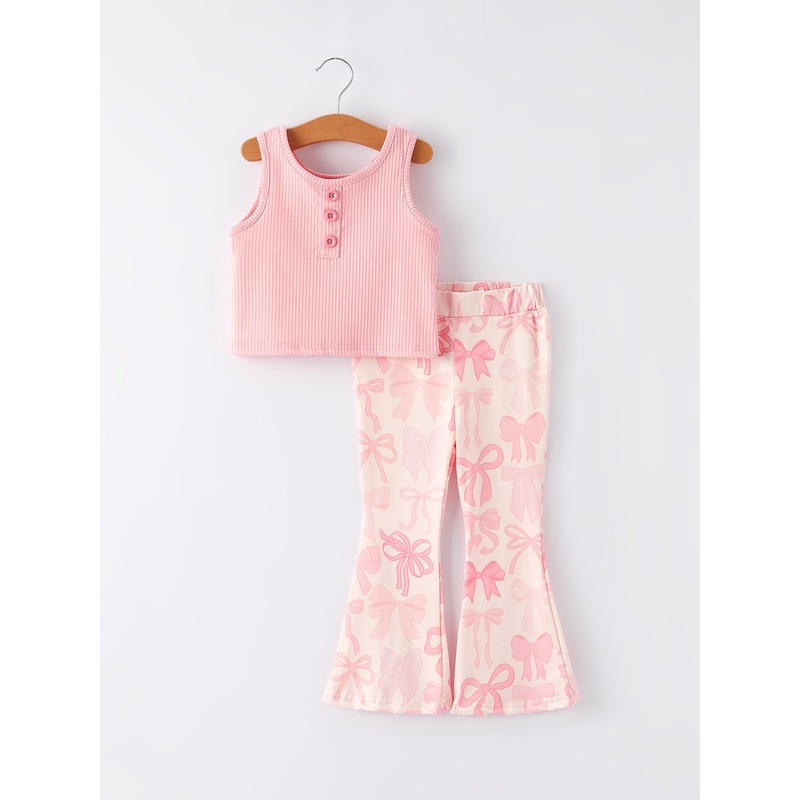 Pink Girls Top Bow Floral Print Bell Bottom Pants Set