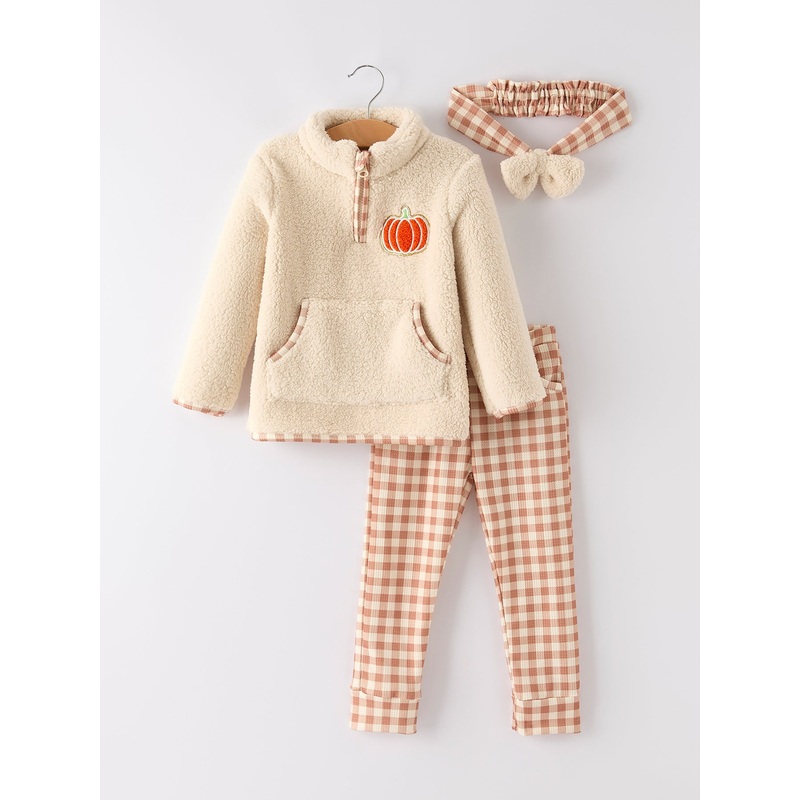 Thanksgiving Girls Fall Winter Furry Top Plaid Pants with Matching Headband