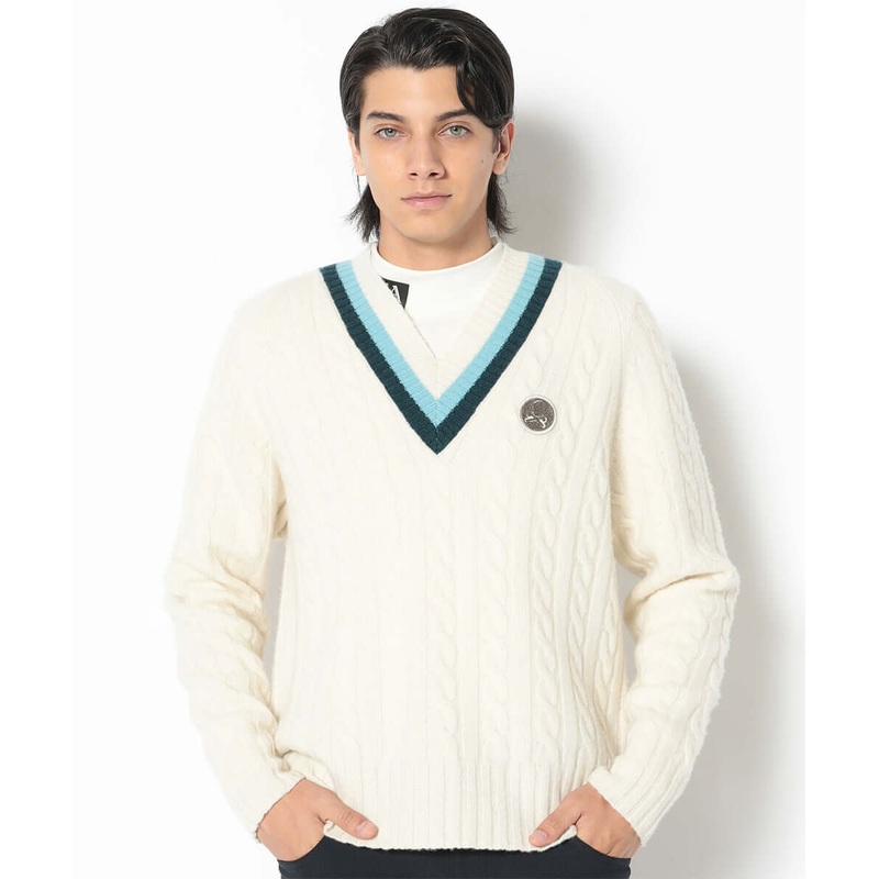 York V-Neck Cable Knit | MEN|BLACK|WHITE|44(S)|46(M)|48(L)|50(XL)