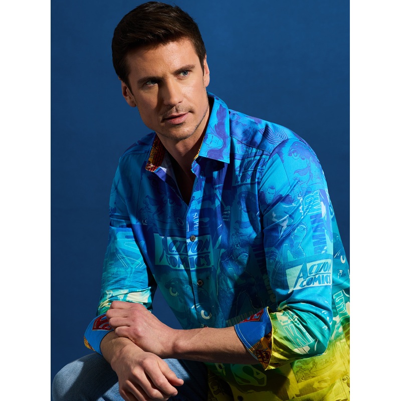 SUPERMAN x  UP UP AWAY LONG SLEEVE BUTTON DOWN SHIRT