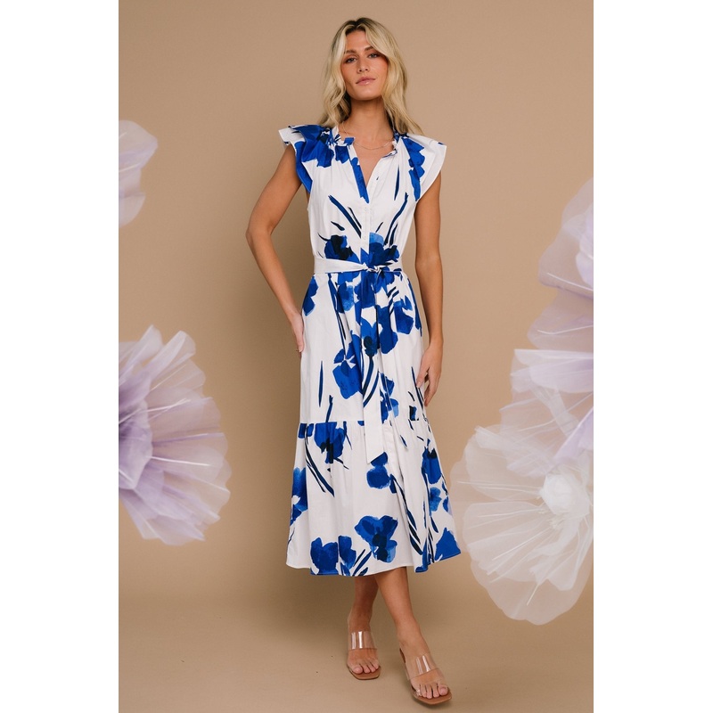 Blakely Button Dress | White + Cobalt