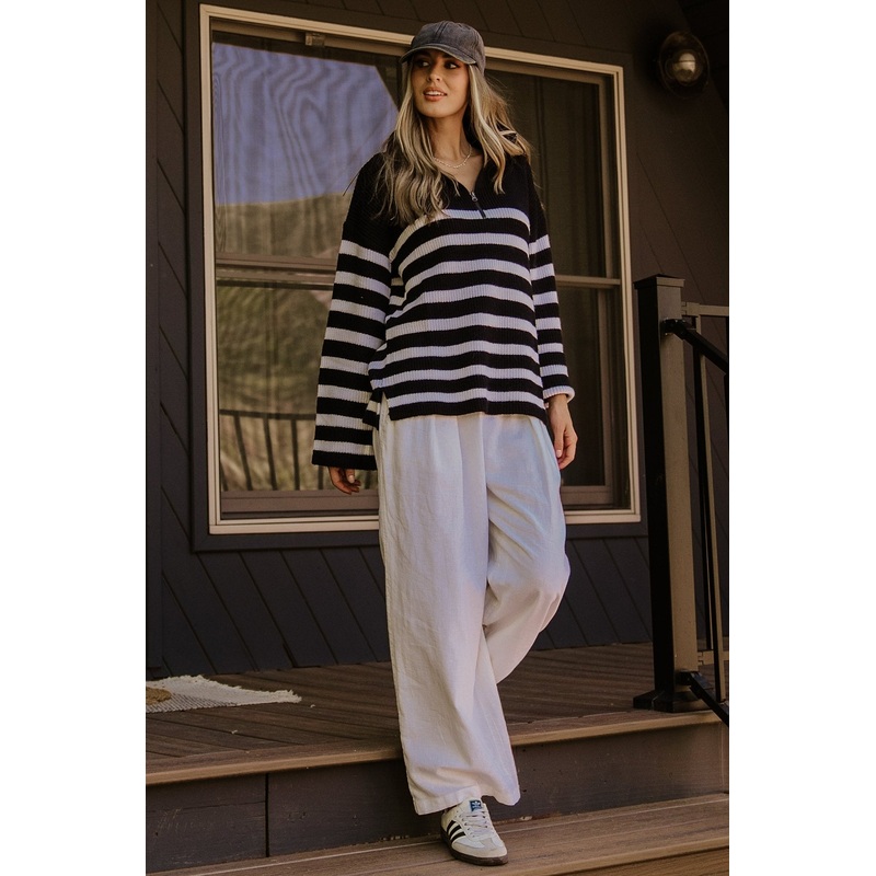Elmer Striped Half Zip Sweater | Black + White