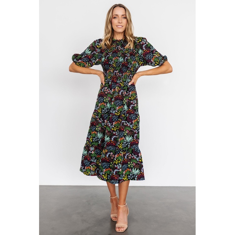 Lena Tiered Midi Dress | Black Multi Floral