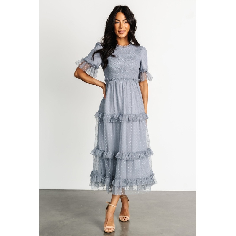 Lysandra Smocked Dot Dress | Dusty Slate
