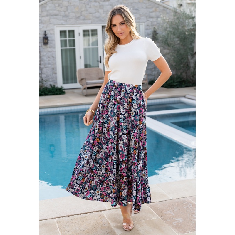 Reilly Maxi Skirt | Navy Flower Print