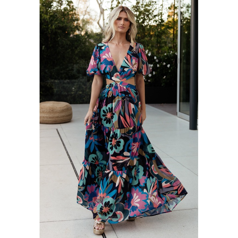 Bastina Open Back Maxi Dress | Black Print