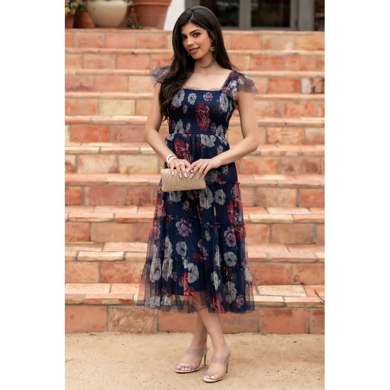Clementine Tulle Midi Dress | Navy Floral