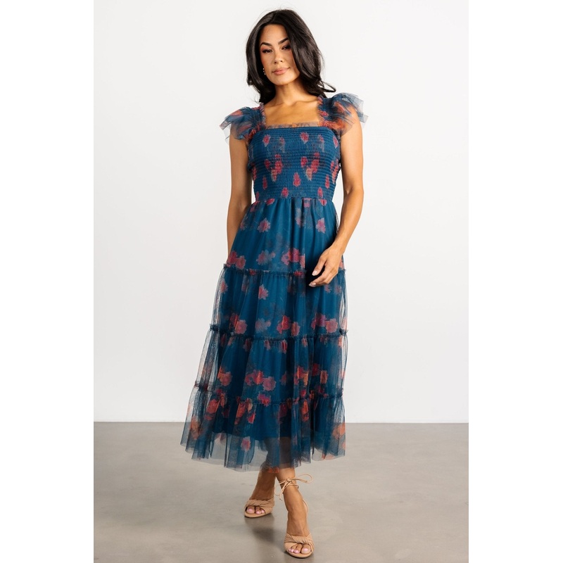 Clementine Tulle Midi Dress | Persian Blue + Rust