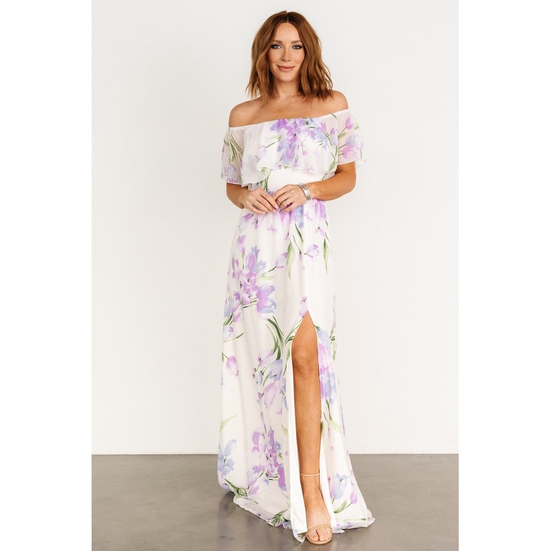Daphne Off Shoulder Maxi Dress | Ivory + Lavender Floral