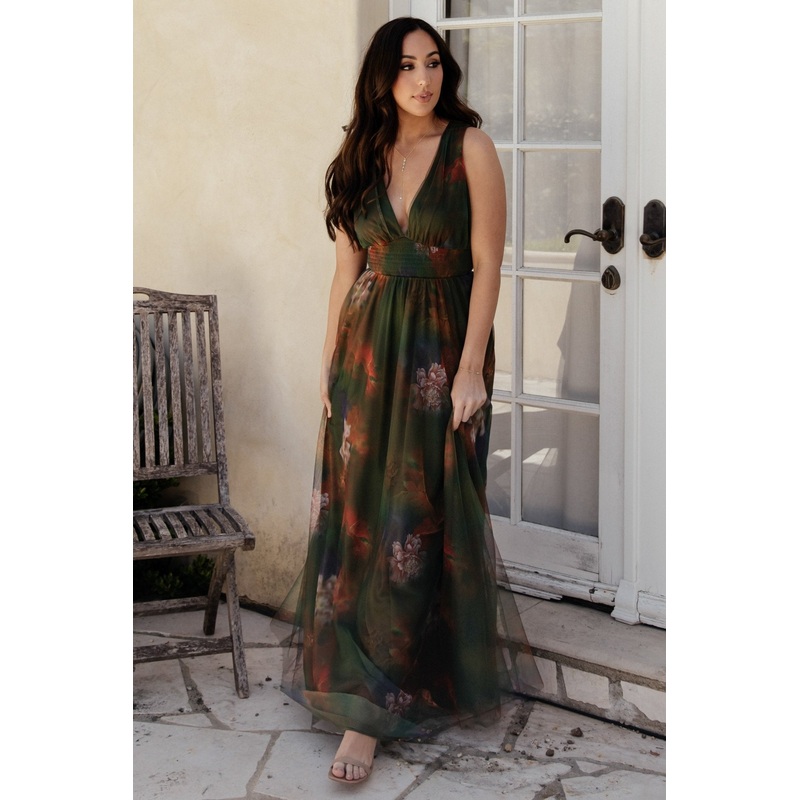 Kamila Tulle Maxi Dress | Olive Multi Floral