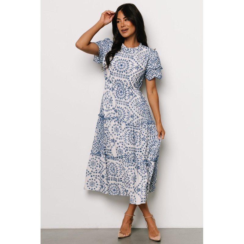 Mirabel Eyelet Midi Dress | White + Blue