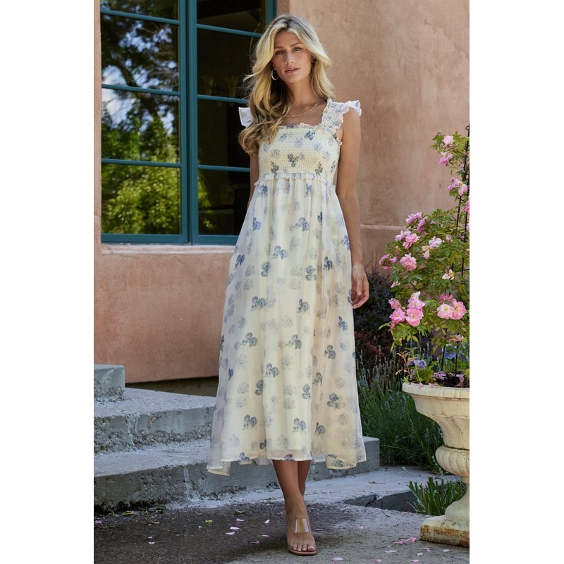 Phoebe Midi Dress | Cream + Blue Floral