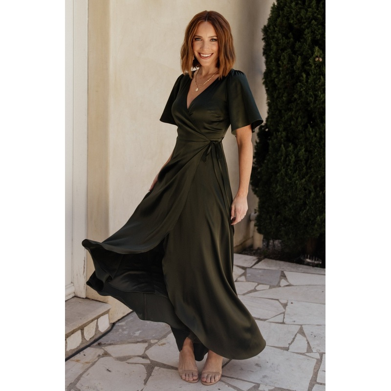 Vara Satin Maxi Wrap Dress | Dark Olive