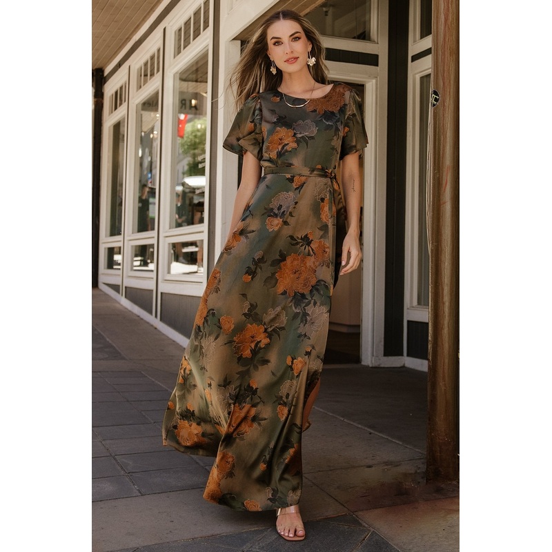 Agnes Satin Maxi Dress | Olive Floral