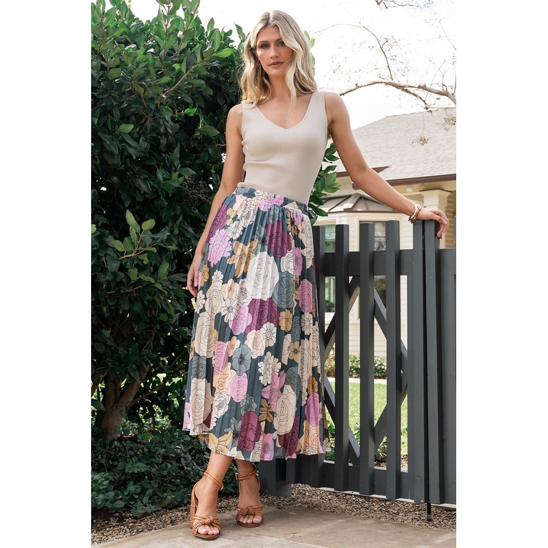 Cori Pleated Skirt | Vintage Teal Floral