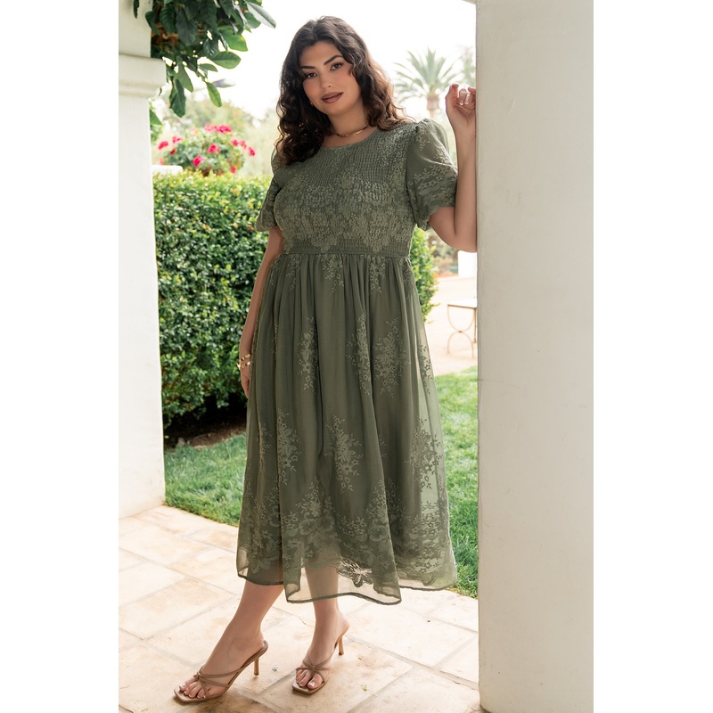 Corrine Embroidered Midi Dress | Deep Sage