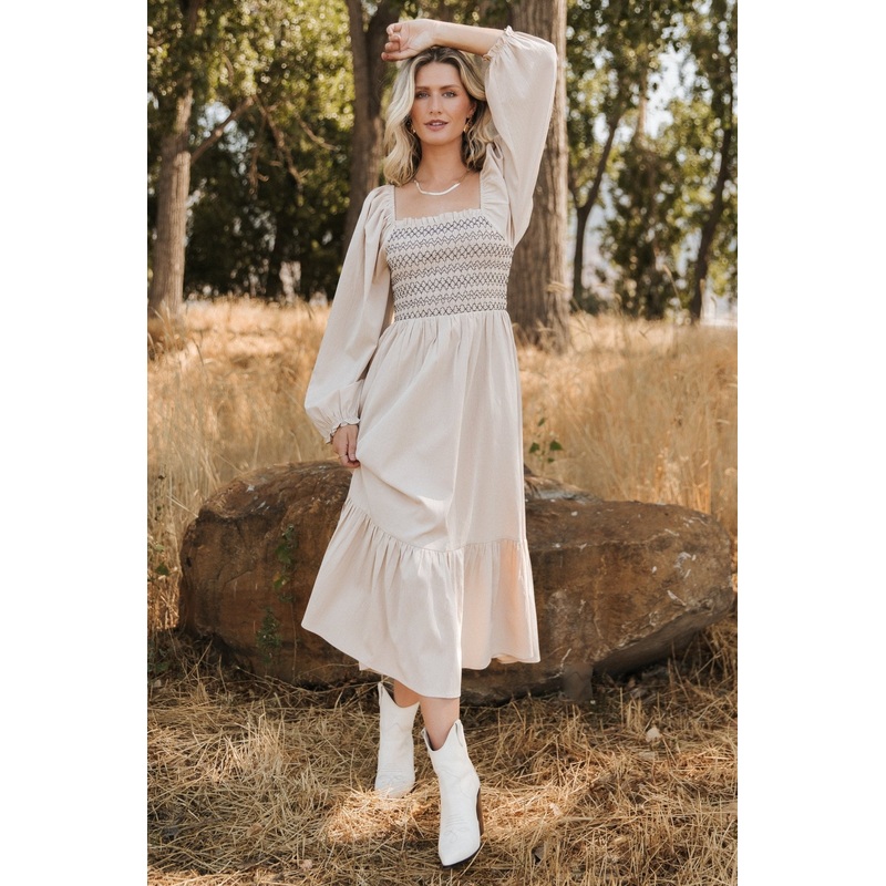 Emmeline Smocked Midi Dress | Natural