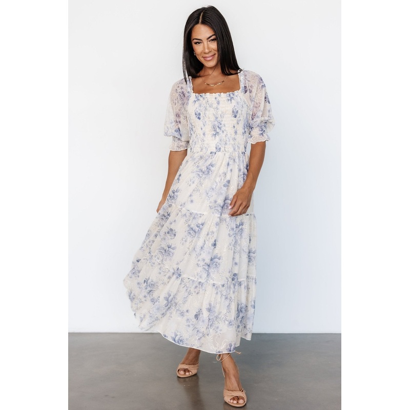 Fabian Jacquard Midi Dress | Cream + Blue Floral