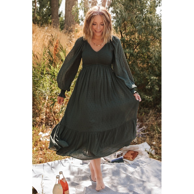 Lainey Smocked Dotted Midi Dress | Deep Olive